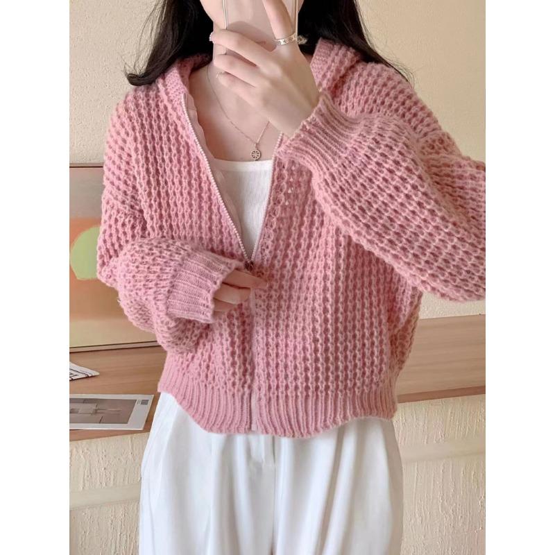 Autumn Winter New Zipper Knitted Hooded Sweater Jacket Korean Retro Cardigan Women Coats Casual Slim Fit Knitwear Jackets Simple Elegant Solid Top