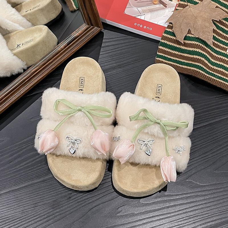 High-end Fluffy Slippers Women's Outer Wear 2025 New Autumn and Winter Home Warm Fashion One-word Cotton Slippers