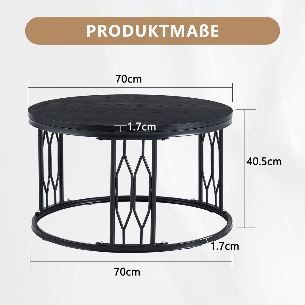 Mesa de Centro Redonda con Tapa Efecto Madera y Marco Metálico, Mesa Moderna para Sala de Estar con Marco Geométrico de Hierro, Mesa Auxiliar Redonda Resistente, aprox. 70x40.5 cm