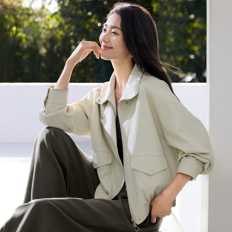 IHIMI Women s Faux Leather Stand-Up Collar Jacket L
