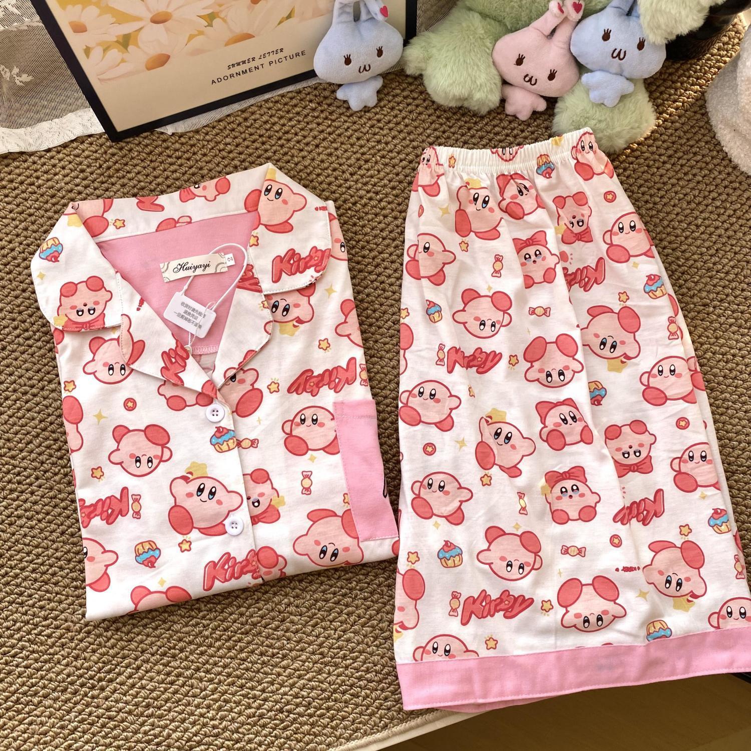 Japanese models full of printed stars, Kirby pajamas, women s summer short-sleeved shorts, cardigan, two-piece set of soft cute loungewear S