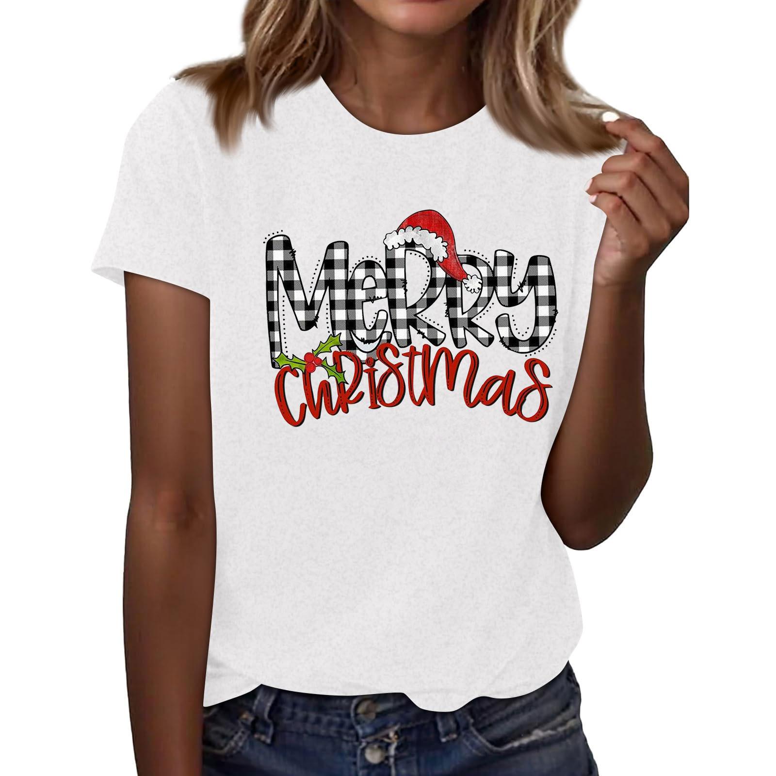 

Женская мода повседневный рождественский принт короткий рукав свободный круглый вырез пуловер топ XL белый