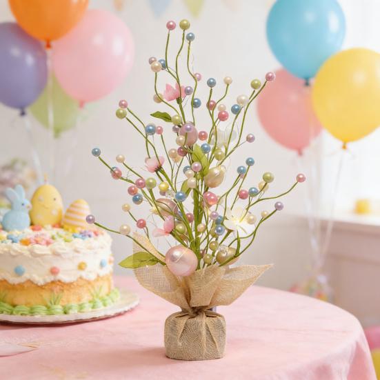 Pre-lit Easter Egg Tree with Burlap Base Battery Powered Easter Birch Tree with LED Light Tabletop Centerpiece for Home Table Spring Party Decoration