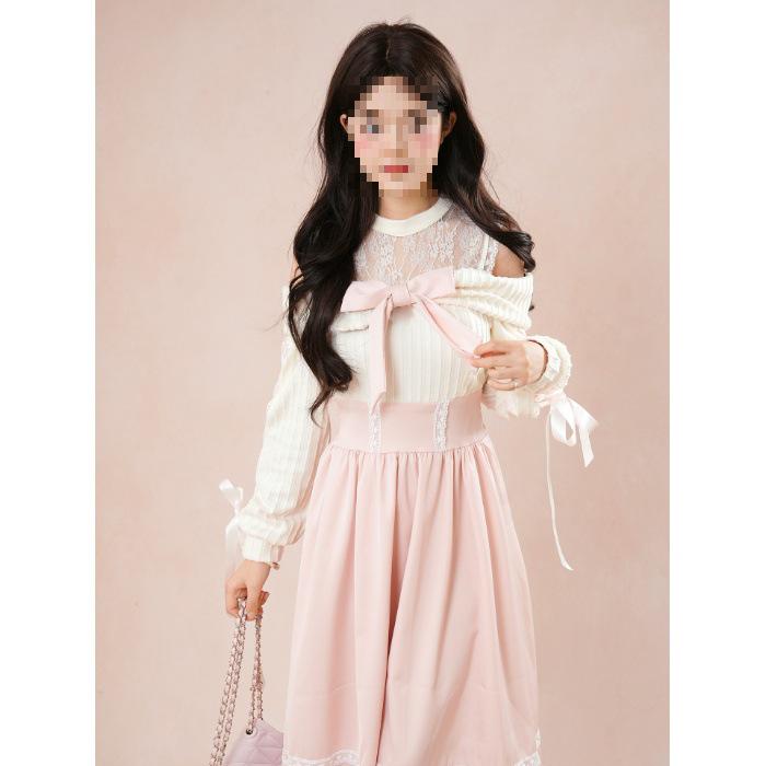 

Light Pink Off-the-Shoulder Autumn Dress with Bow and Cinched Waist - Trendy and Cute Long Women s Style Medium