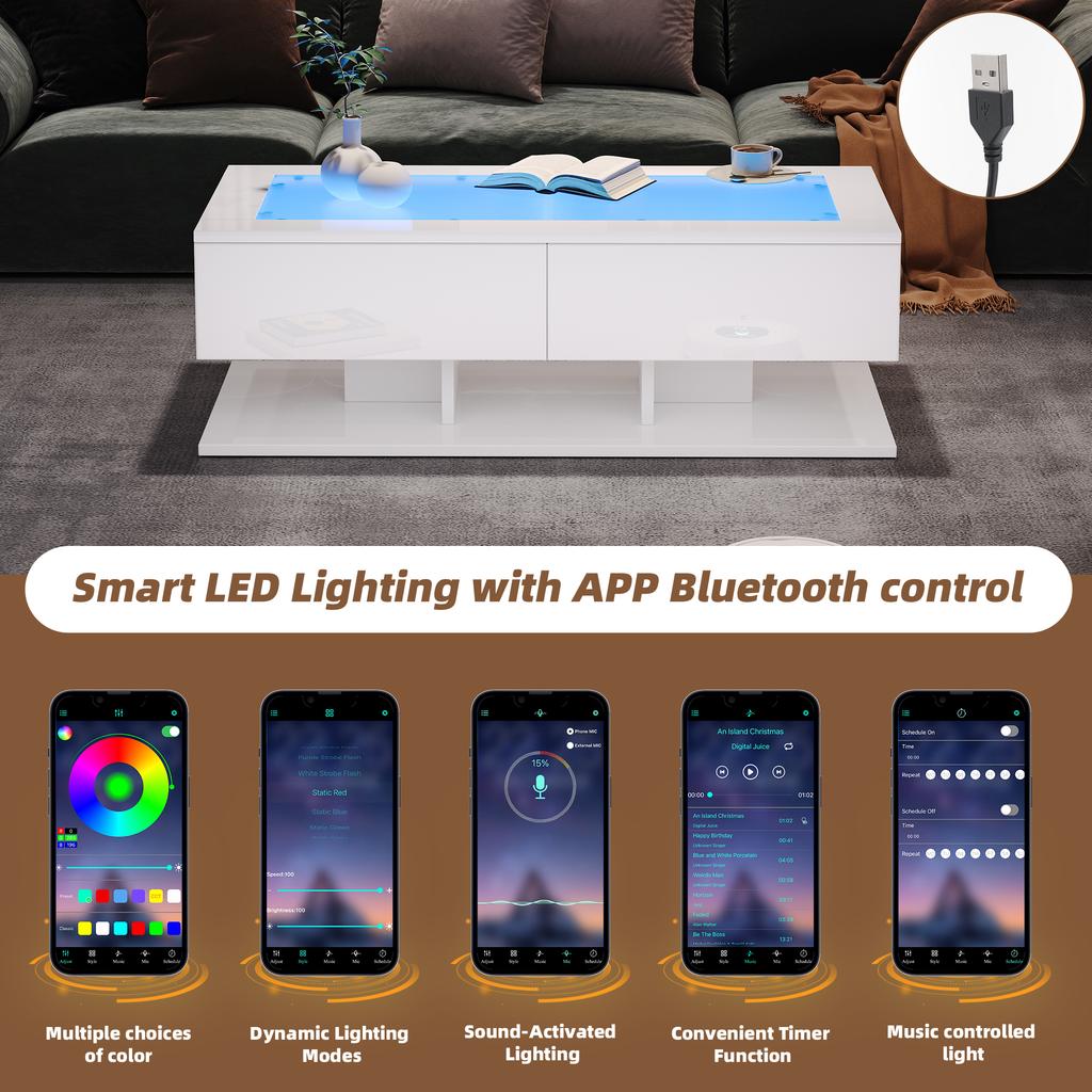 100*50*35cm Coffee Table, High Gloss Sofa Table, Living Room Table with Drawers, Coffee Table with LED Light, Glass Top, White