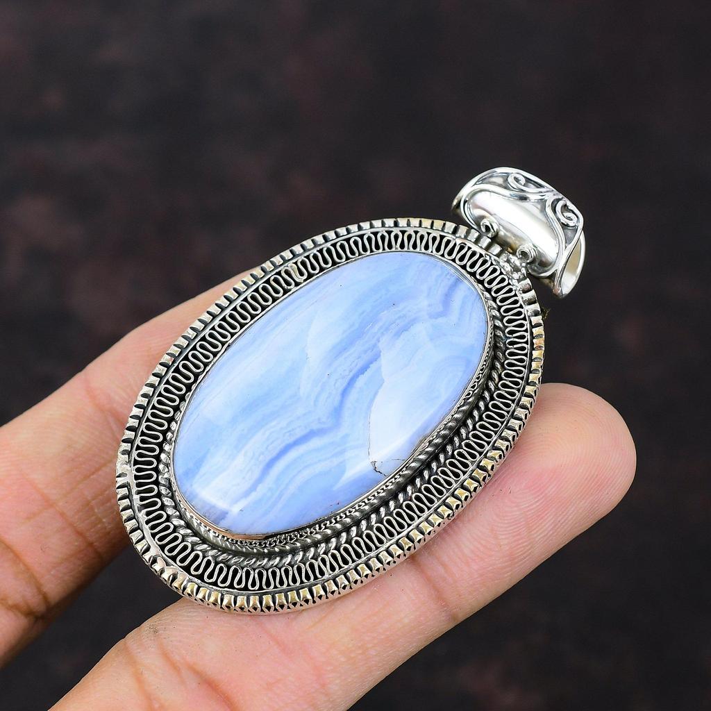 Blue Lace Agate Pendant 925 Sterling Silver Pendant Vintage Pendant Blue Lace Agate Gemstone Jewelry Handmade Brand New Pendant Gift For Her