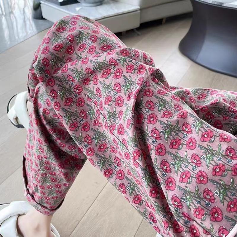 Summer Thin Floral Pants High Waist Loose Nine - Tenths Slimming Casual Wide Leg Straight Beach Pants for Outwear