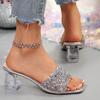 Fashion Shiny Sequin High Heels Sandals for Women Plus Size Gold Silver Square Toe Slippers Woman Transparent Strange Heeled Party Shoes