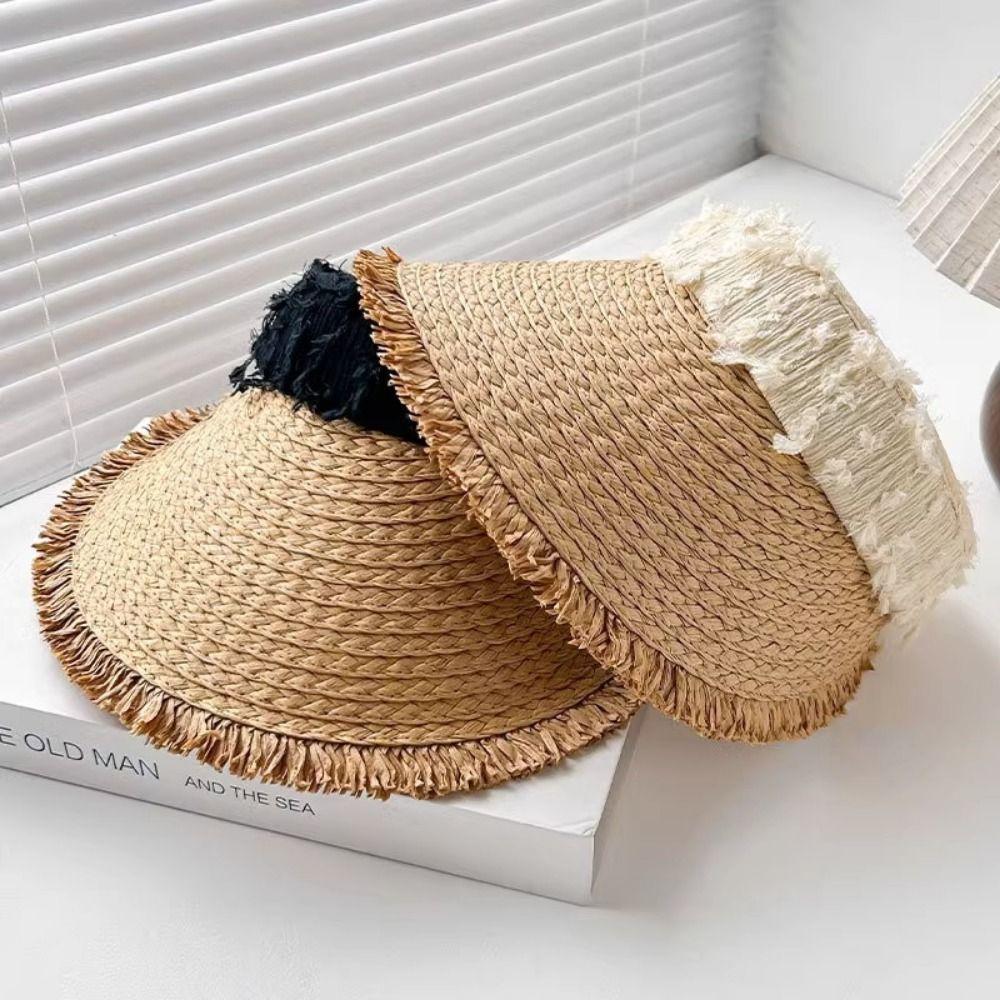 Hollow Empty Top Straw Hat Woven Straw Women's Sun Hats Folding Sunshade Hat  Beach Vacation