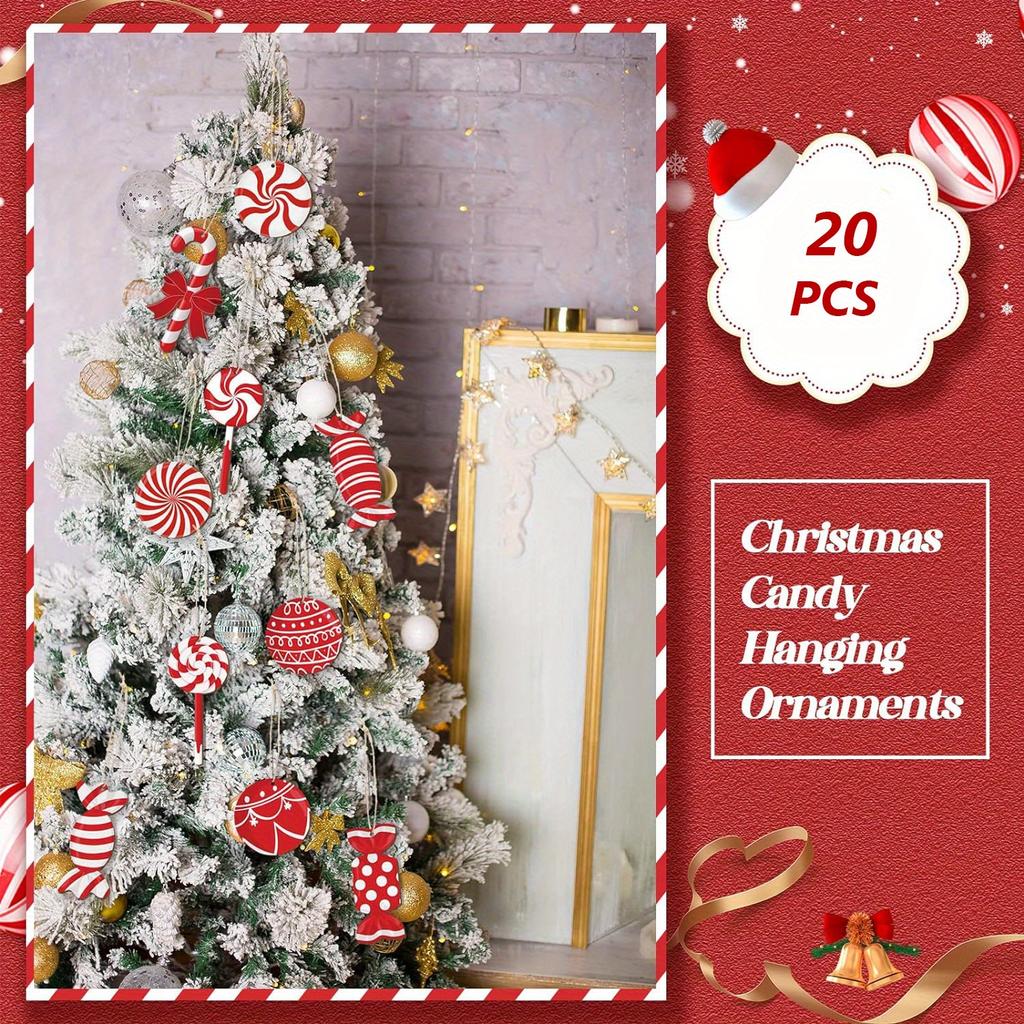 20pcs Christmas Red Candy Wooden Set Gift Decoration Pendant Christmas Tree Fireplace Window Pendant Christmas Party Supplies