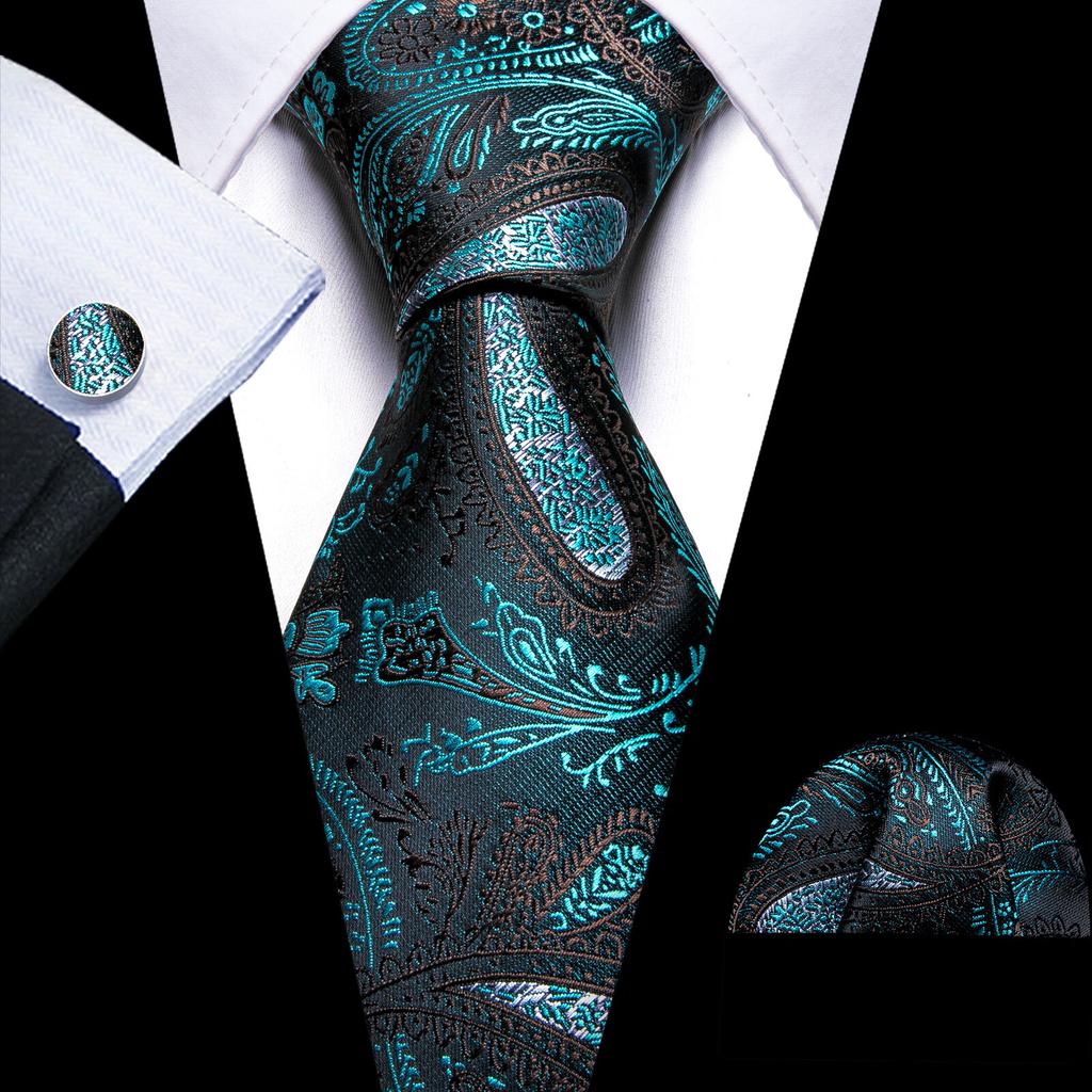 Barry.Wang Floral Ties for Men Woven Paisley Wedding Necktie Handkerchief Cufflinks Formal Casual Set