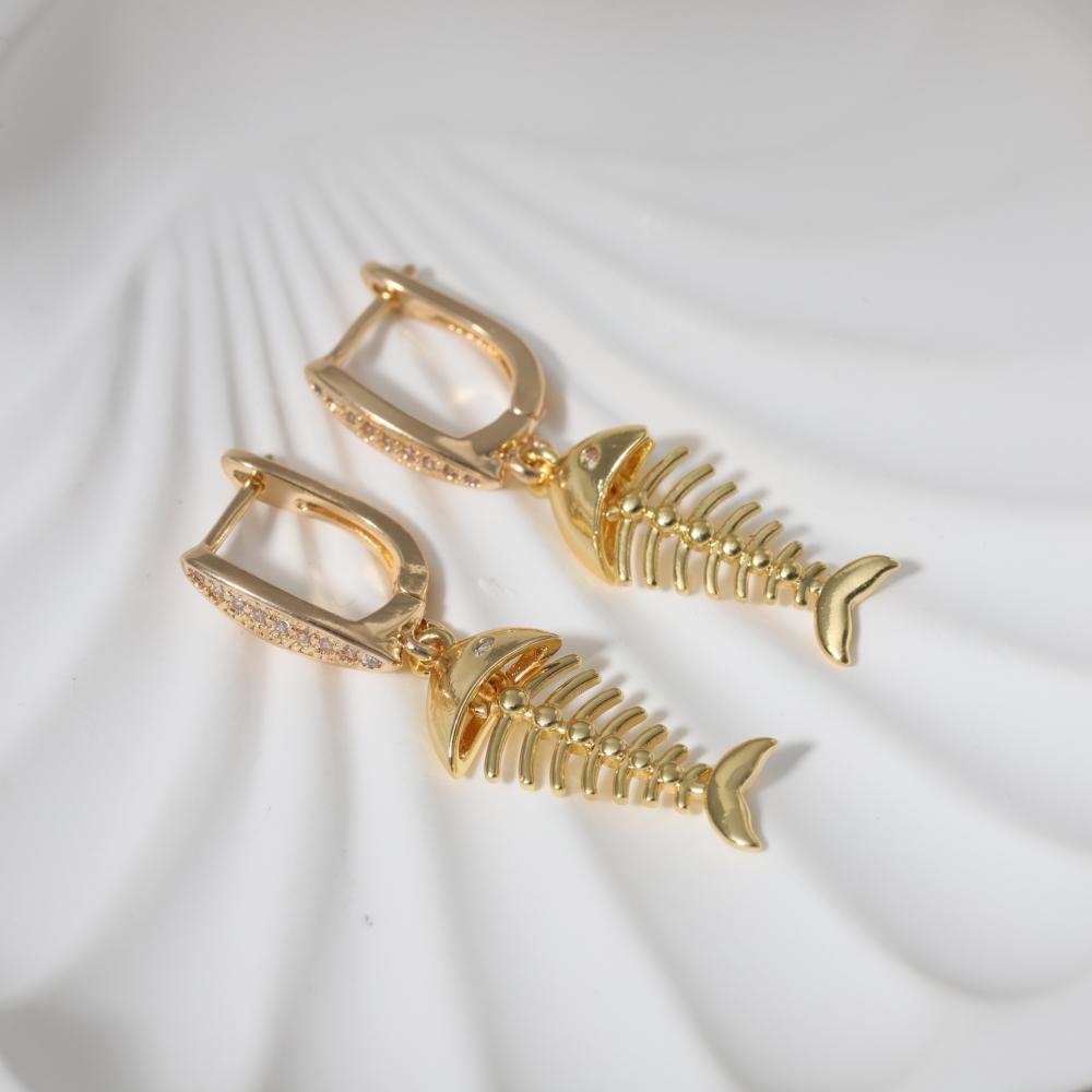 1 Pair Unique Fish Bones Dangle Earrings for Women Fashion Zirconia Earring Jewelry Wedding Party Accessories