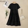 ZANZEA Women Casual Round Neck Summer Short Sleeve Splice Dress