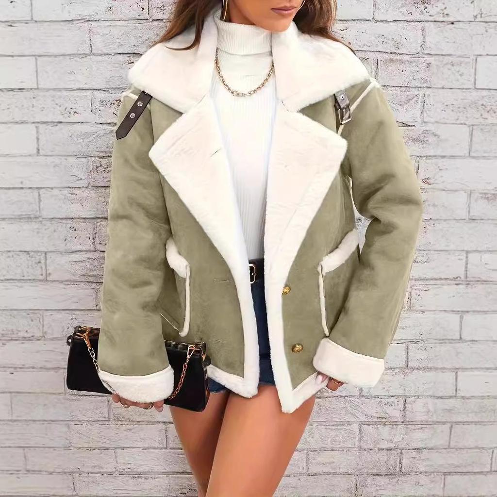Damen Fleecejacke mit Kragen aus Kunstfell, weicher Plüsch-Oberbekleidungsmantel