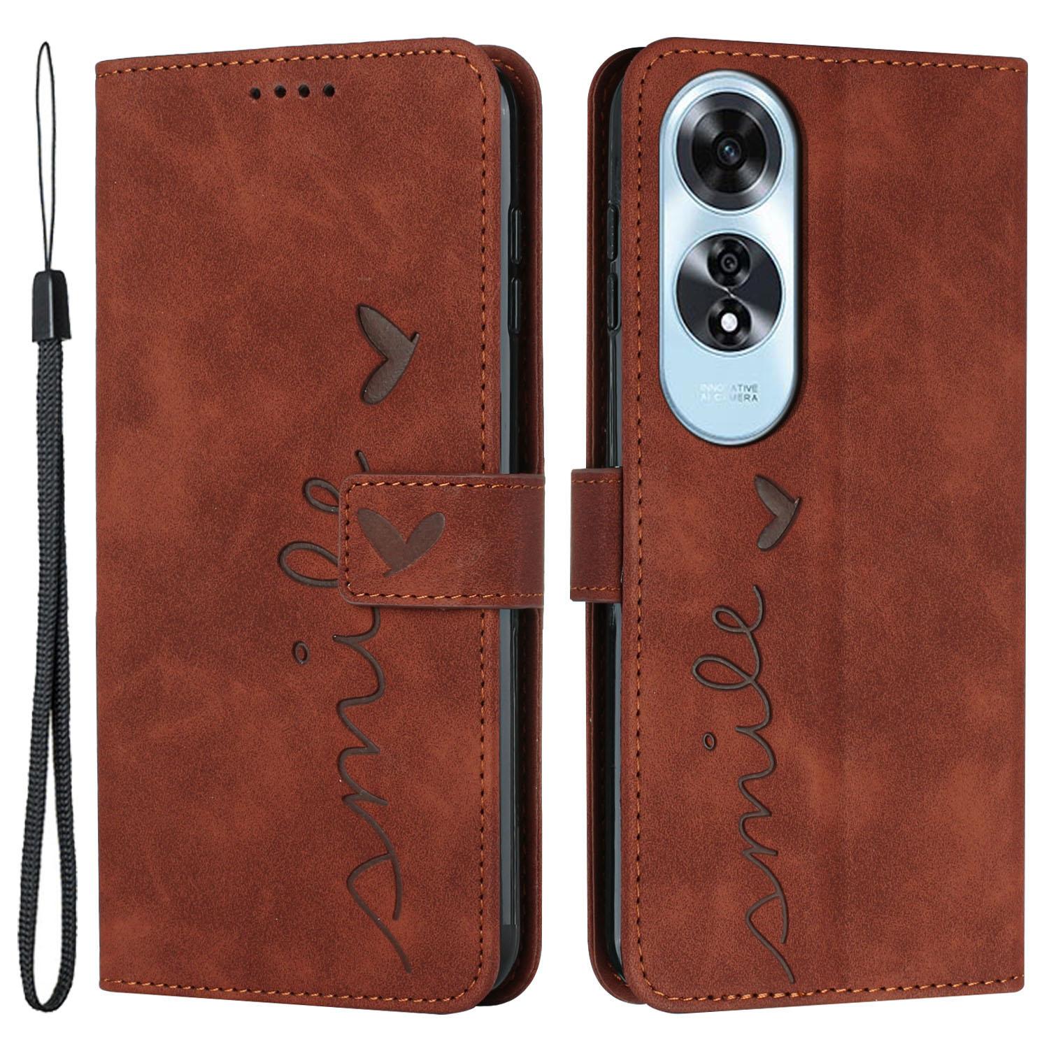 

For Oppo A60 4G Case Heart Imprinted PU Leather Wallet Phone Cover with Strap Brown