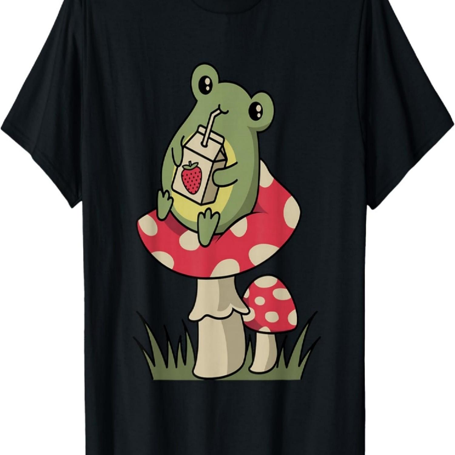 

Wowsome! Cottagecore Frog Drinking Strawberry Milk Mushroom Unisex-Adults & Kids Black Cotton 100% T-Shirt XXXXXL чорний