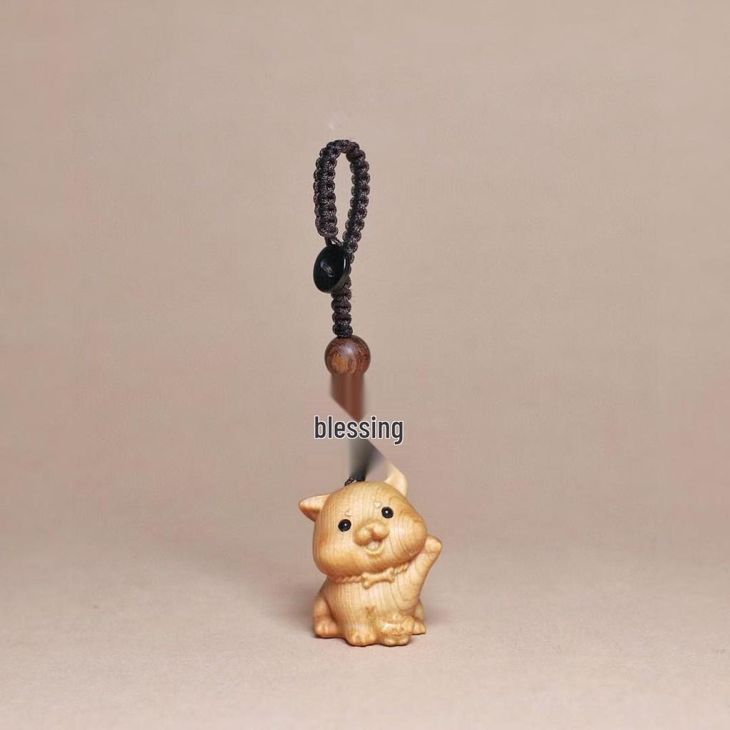 Golden Sandalwood Zodiac Animal Carving Keychain - Solid Wood Cultural Craft