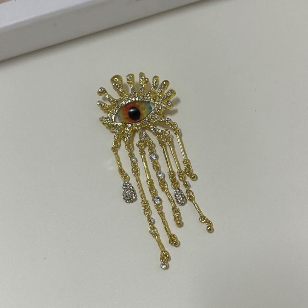 Vintage Devil's Eye Brooch Imitated Pearl Exaggerated Sparkling Rhinestone Tassel Pin Trendy Delicate Water Droplet Brooch