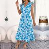 Women Summer Floral Holiday Dress High Waist Sleeveless V Neck Wood Ear Edge Design
