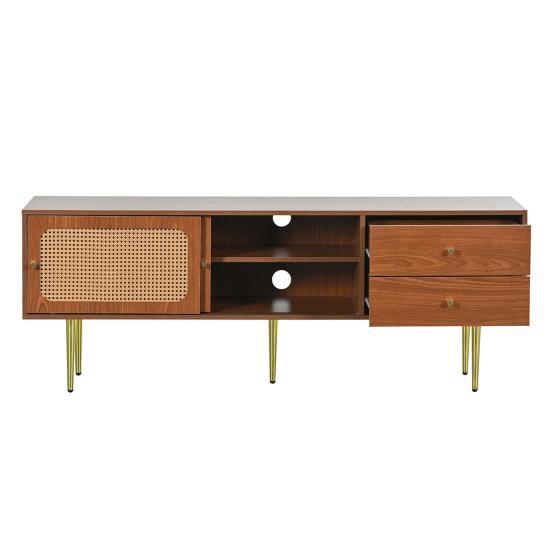 Living Room TV Stand Spacious Countertop Cabinet with 2 Drawers Two Rattan Bedroom Media Console Sliding Doors Metal Legs Furniture