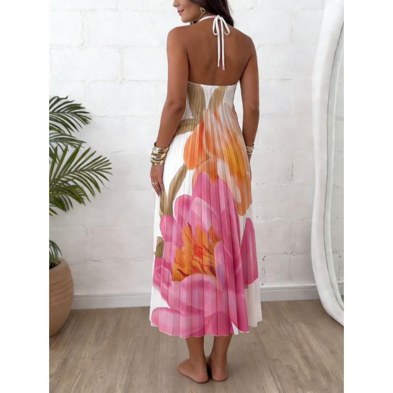 Womens Halter Neck Floral Printed Pleated Lace Up Vacation Long Dress