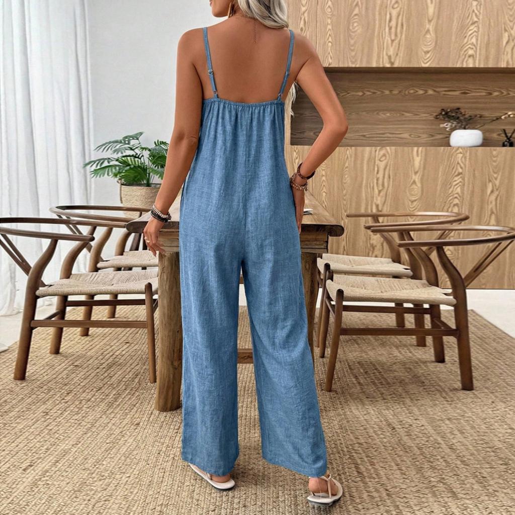 Ladies' Color Casual Fashion Wide Leg Pocket Jumpsuit