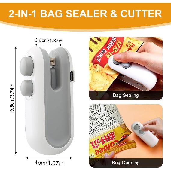 2Pcs Mini Bag Sealer, Rechargeable Heat Sealer, 2 in 1 Chip Bag Sealer & Cutter, Mini Bag Resealer Machine, Portable Handheld Food Sealer for Plastic
