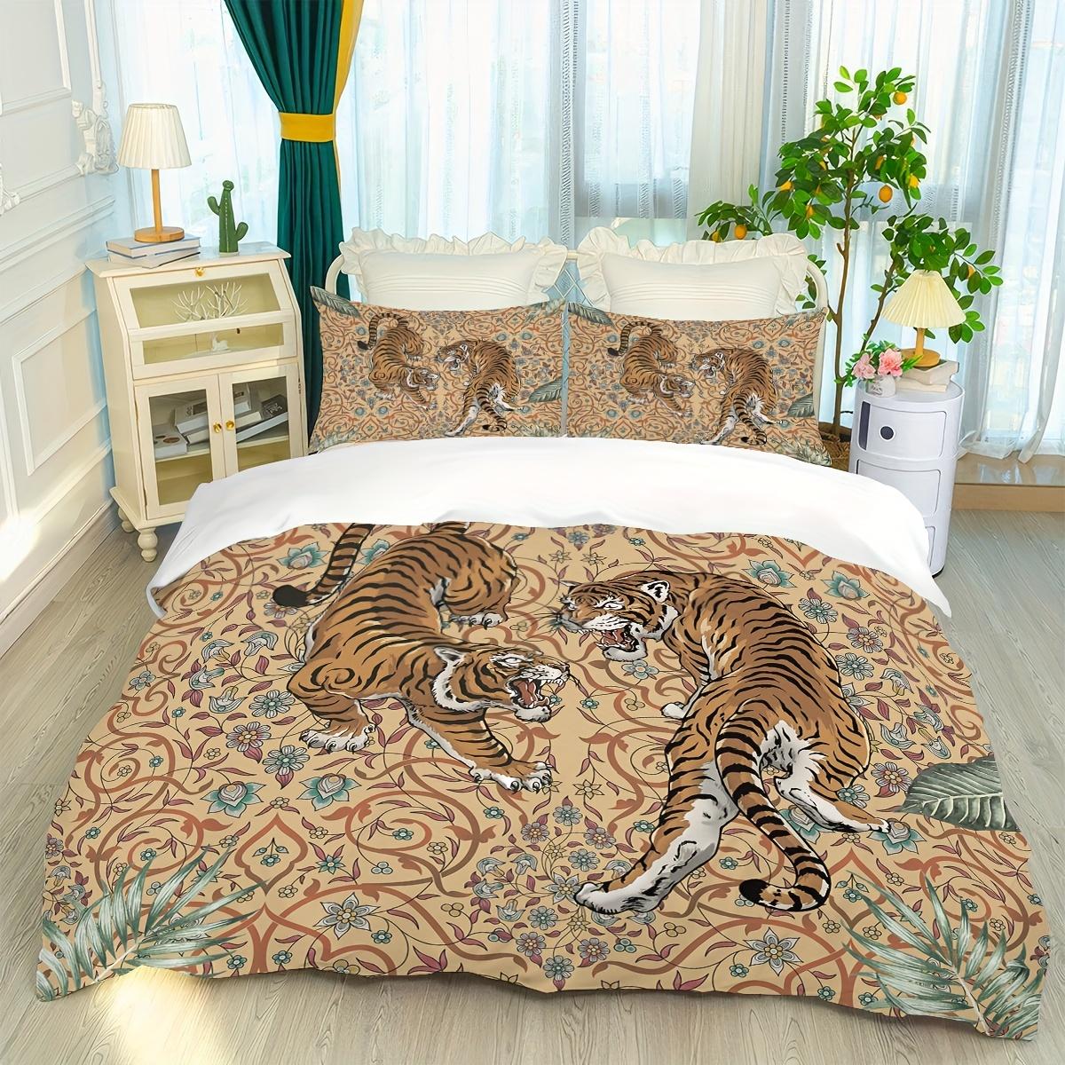 

3Pcs Cool Tiger Bedding Set (1 Quilt Cover + 2 Pillowcases, No Core), Green Leaf Print Element Pattern Quilt Cover Bedding Set Duvet Cover Set&EU Single(135x200cm)