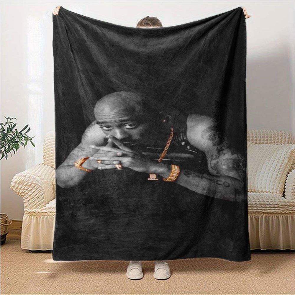 1pc 2PacHip Hop Blanket Soft Lightweight All Season Multi Purpose Throw for Sofa, Bed, Office & Picnics, French Style with Iconic Album Art & Quotes