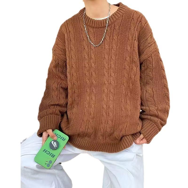 Pullover Sweater Men's Autumn and Winter Solid Color Simple Retro Crew Neck Knitted Sweater Lazy Wind Twist Thread