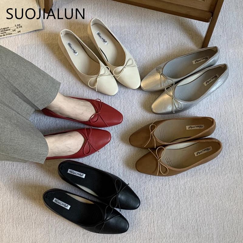 Fashion SUOJIALUN 2025 Spring New Women Flat Shoes Fashion Round Toe Bow-knot Slip On Ladies Ballerina Soft Flat Heel Dress Boat Shoes