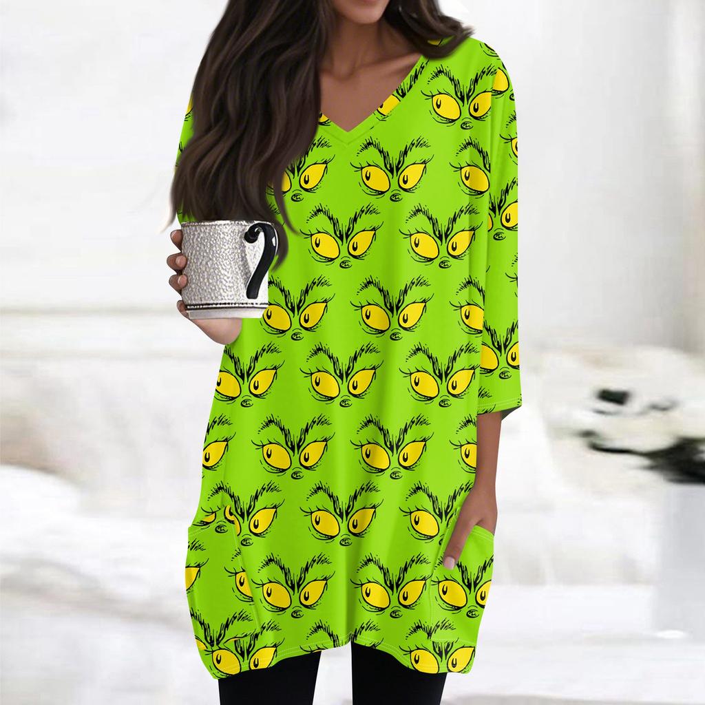 Womens Tops V-neck 3/4 Sleeve Blouses Casual Mid-length Shirts Fashion Christmas Print Tunic Tops With Pockets