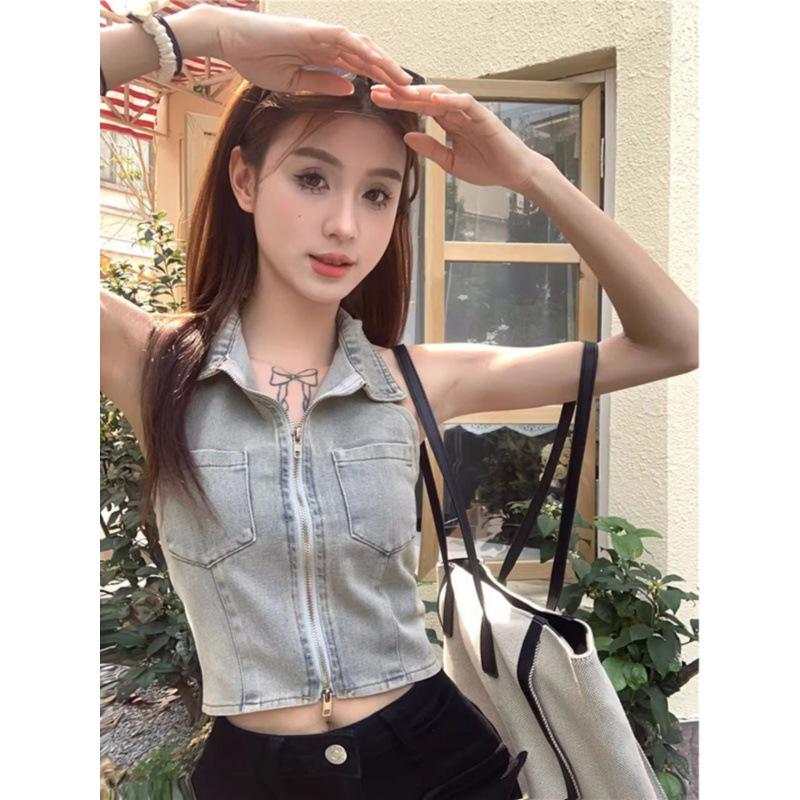 Plus Size Backless Denim Halter Vest Top for Women - Summer Slim Fit