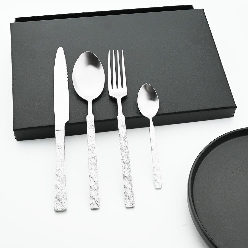 Matte 304 Stainless Steel Western Vintage Cutlery Set Knife Fork Spoons Dinner Set Dinnerware Western Tableware Textured Silverware