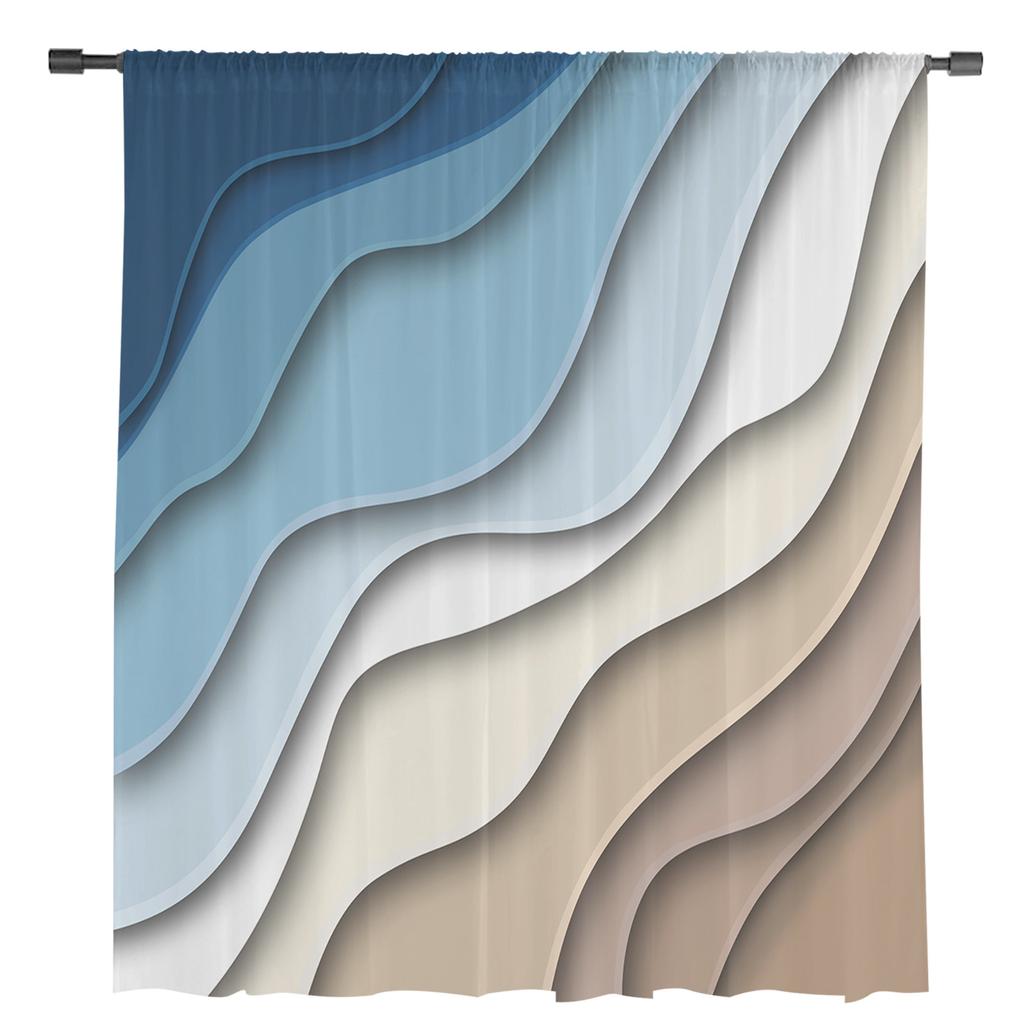 Blue Brown Gradient Geometric Abstract Sheer Window Curtains For Living Room Kitchen Children Bedroom Voile Hanging Curtain