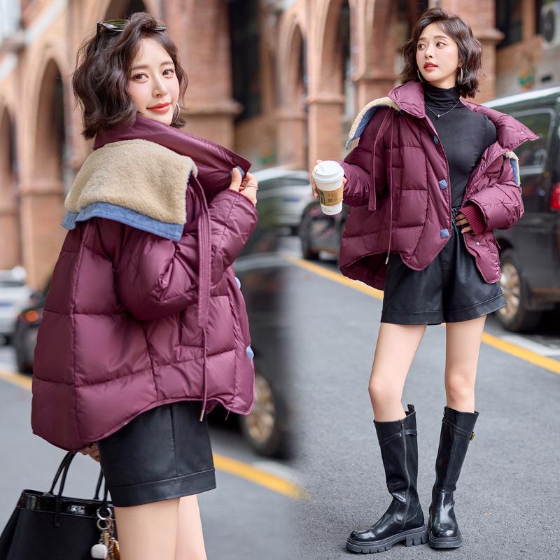 

Шикарная пуховая куртка из овечьей шерсти в стиле колор-блок - Женская зимняя модель свободного кроя YJ6812 L (115-130 Jin)