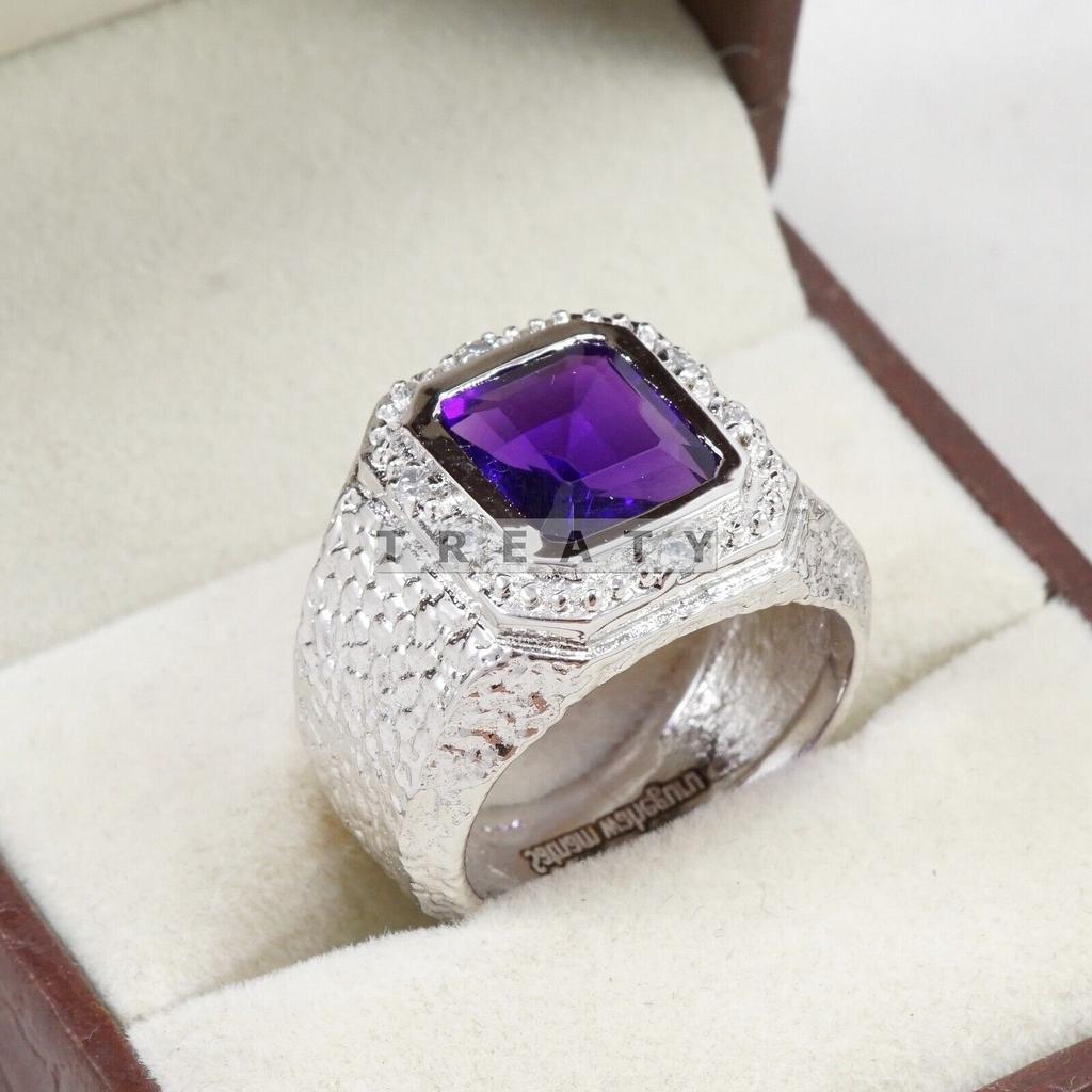Amethyst Emerald Cut Gemstone With 925 Sterling Silver Ring For Men's #B716 JL375692741416