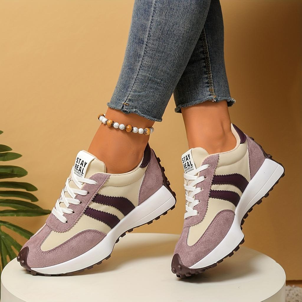 Women's Platform Daddy Shoes - Colorblock Round Toe Lace-Up Sneakers, Comfortable Cushioned Sole Walking Shoes for Ladies