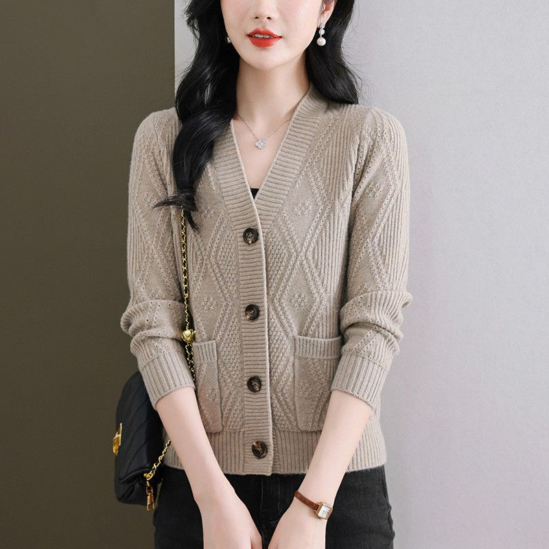 

Женский свитер-жакет большого размера с V-образным вырезом, свободная верхняя одежда, короткий вязаный кардиган на весну и осень 2XL верблюд