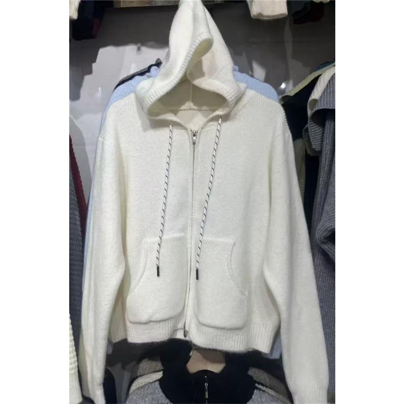 New Short Casual Pocket Design Double Zipper Long Sleeve Drawstring Hooded Knitted Cardigan Top Women