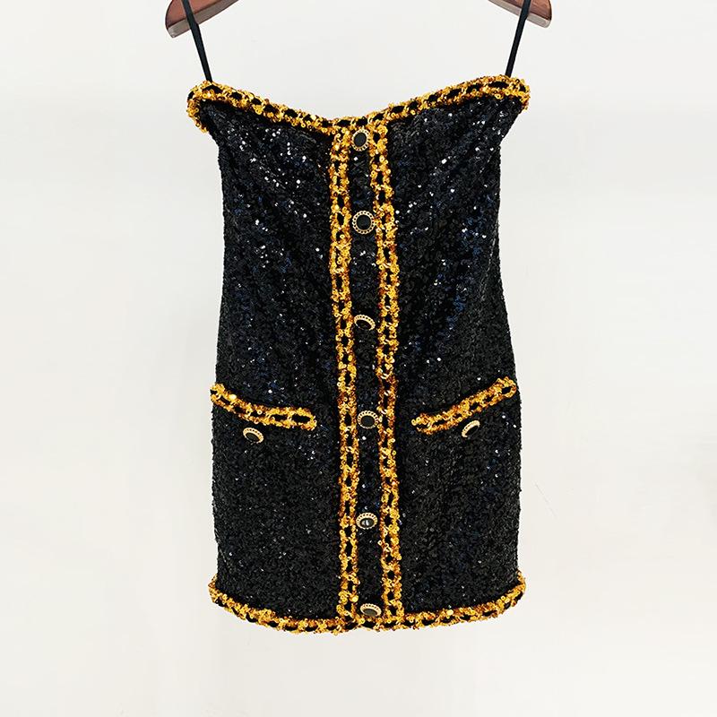 High-End Socialite Spring 2026 Beaded Chain Bandeau Dress S чёрный