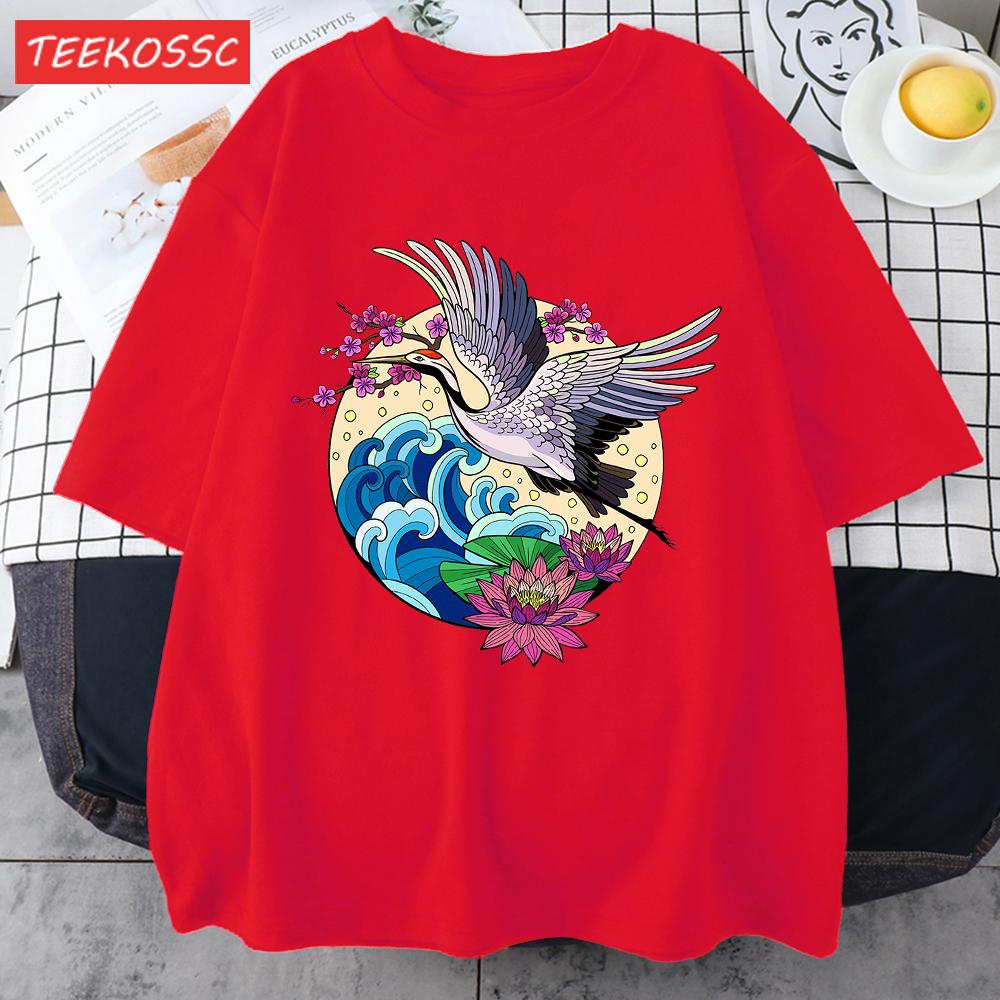 Cranes Enjoy Blooming Flowers Men T Shirts Vintage Fashion Soft Short Sleeve Summer Comfortable TShirt Unisex Cotton Loose Top