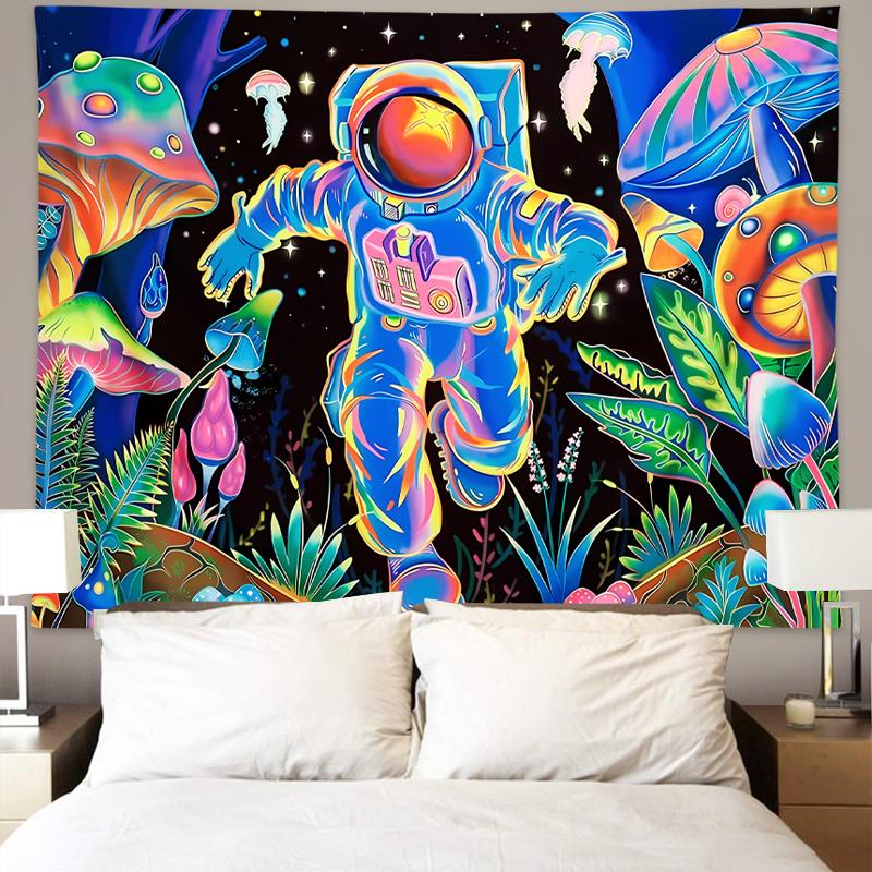 1pc Astronaut Fluorescent Tapestry, UV Responsive Forest Mushroom Tapestry, Galactic Space Tapestry
