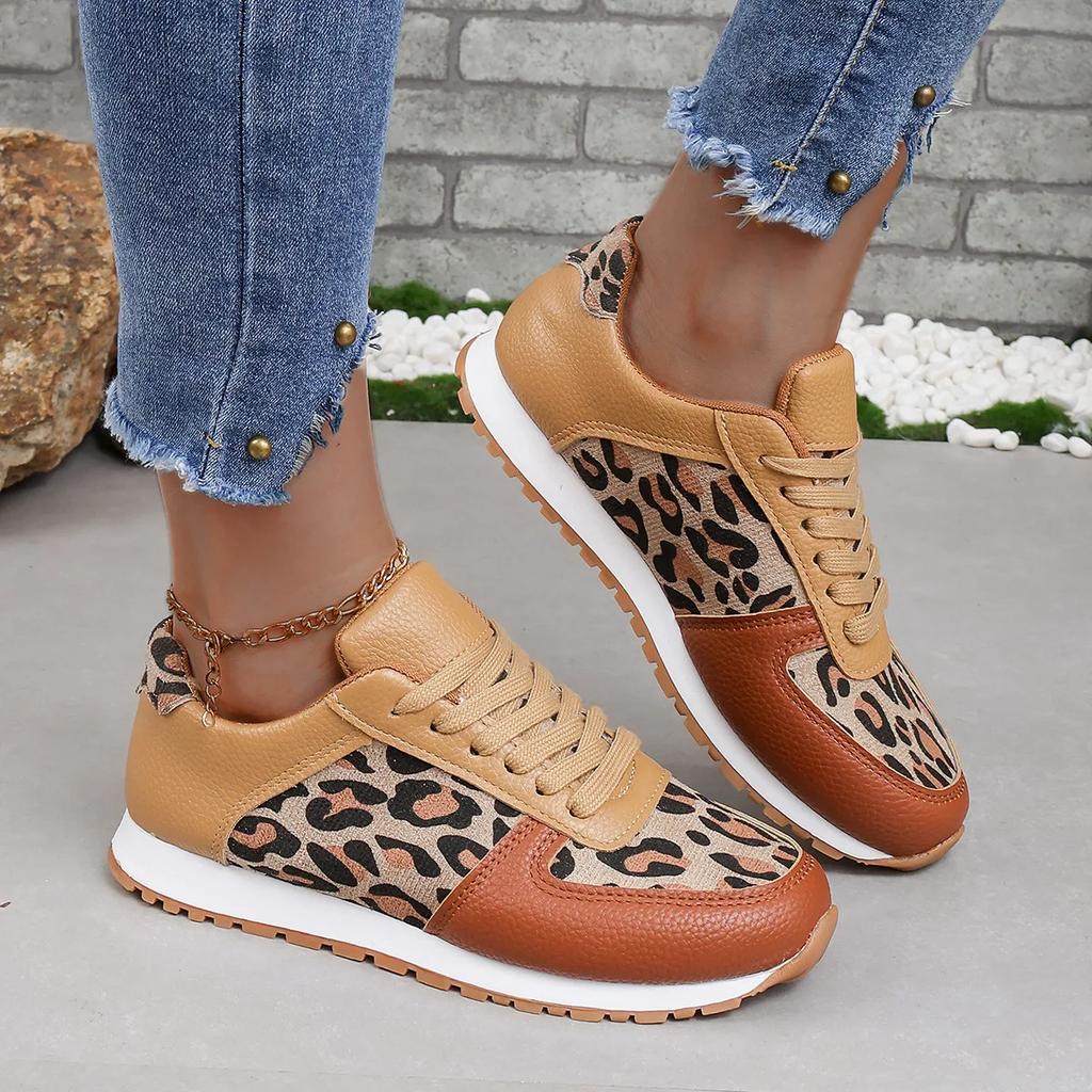 Large Outdoor Running Shoes, New Spliced Lace Up Sports Shoes, 2025 Low Cut Leopard Print Sports and Leisure Shoes for Women