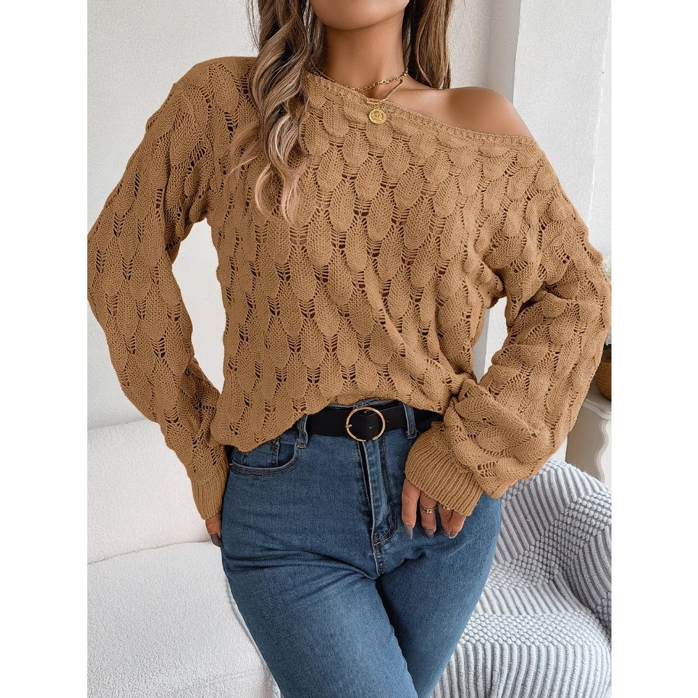 Autumn/Winter Women's Knitted Sweater Casual Feather-Patterned Openwork Off-the-Shoulder Sweater Featuring Bell Sleeves
