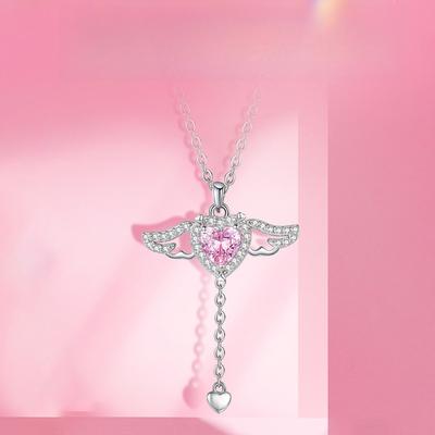 Pink Diamond Love Wings Fringed Necklace Women's Sweet Versatile Pendant Niche Design Collarbone Chain Jewelry