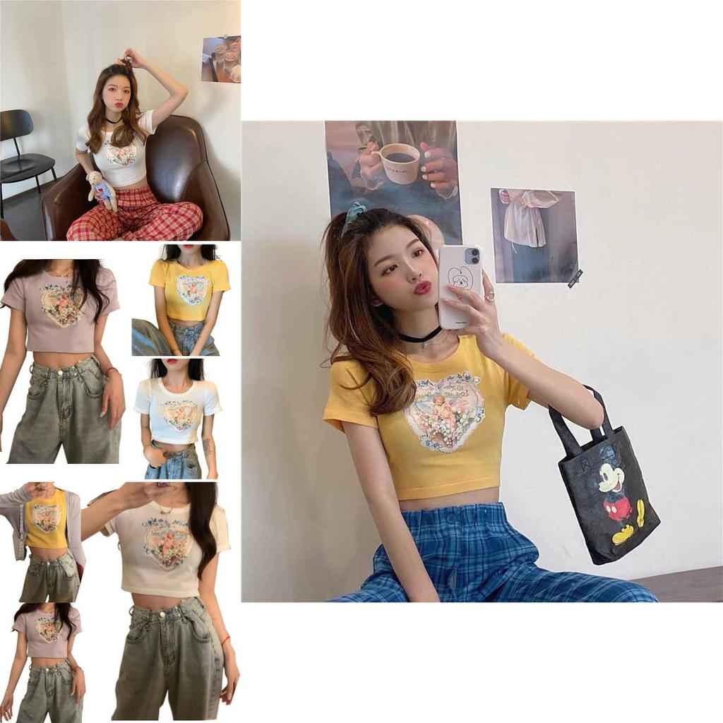 Elegant Angels Aesthetic Vintage T-shirts For Women With 90s Graphic Korean Style