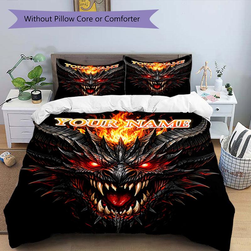 3PC Custom Name Fiery Demon Artwork Bedding Set Duvet Cover Closure Includes 1 Duvet Cover & 2 Pillowcases for Bedroom