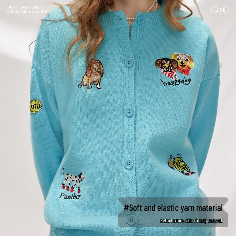 UNIFREE Women's Puppy Embroidered Knit Cardigan