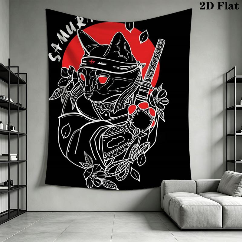 Anime Samurai Cat Pattern Home Decor Tapestry, Wall Hanging, Decorative RV Wall Cloth.MGT0918185